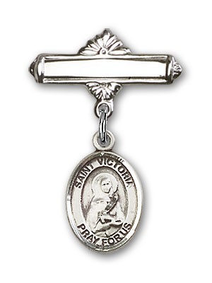 Pin Badge with St. Victoria Charm and Polished Engravable Badge Pin - Silver tone
