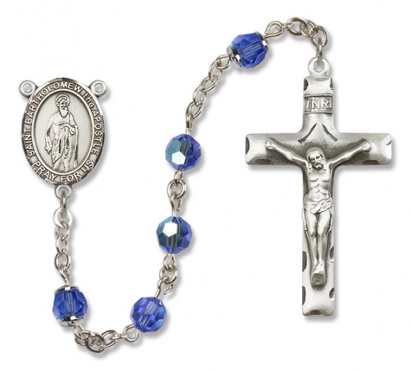 St. Bartholomew Sterling Silver Heirloom Rosary Squared Crucifix - Sapphire