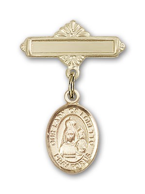 Pin Badge with Our Lady of Loretto Charm and Polished Engravable Badge Pin - 14K Solid Gold