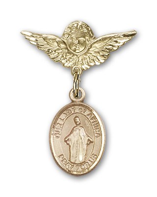 Pin Badge with Our Lady of Africa Charm and Angel with Smaller Wings Badge Pin - 14K Solid Gold