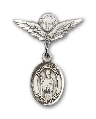 Pin Badge with St. Austin Charm and Angel with Smaller Wings Badge Pin - Silver tone
