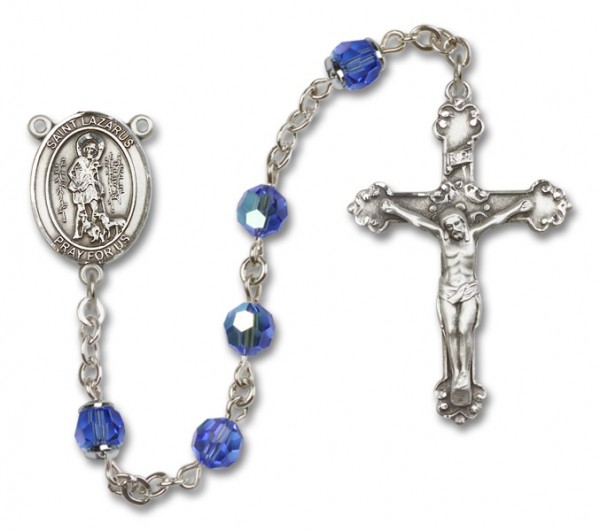 St. Lazarus Sterling Silver Heirloom Rosary Fancy Crucifix - Sapphire