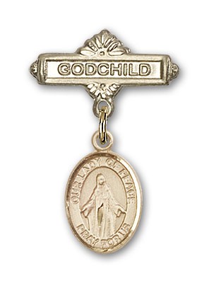 Baby Badge with Our Lady of Peace Charm and Godchild Badge Pin - 14K Solid Gold