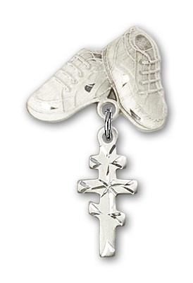 Baby Badge with Greek Orthadox Cross Charm and Baby Boots Pin - Silver tone
