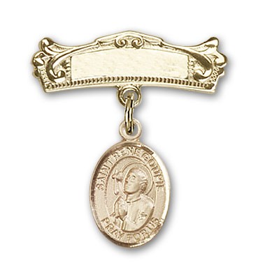 Pin Badge with St. Rene Goupil Charm and Arched Polished Engravable Badge Pin - Gold Tone