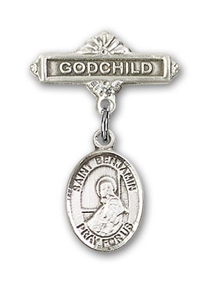 Pin Badge with St. Benjamin Charm and Godchild Badge Pin - Silver tone