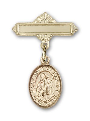 Pin Badge with St. John the Baptist Charm and Polished Engravable Badge Pin - Gold Tone