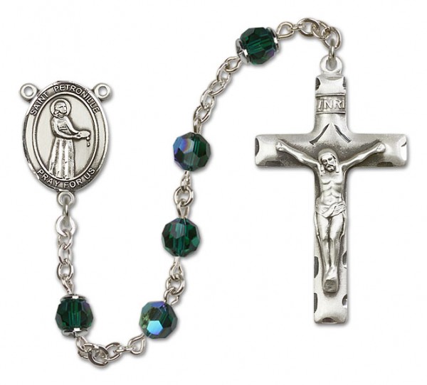 St. Petronille Sterling Silver Heirloom Rosary Squared Crucifix - Emerald Green