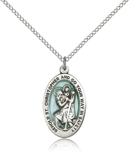 Women's Behold St. Christopher Necklace with Blue Enamel Center - Sterling Silver | Blue Enamel