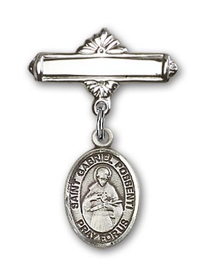 Pin Badge with St. Gabriel Possenti Charm and Polished Engravable Badge Pin - Silver tone