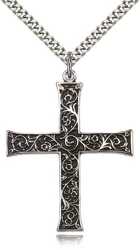 Antique Finish with Scroll Accent Men's Cross Pendant - Sterling Silver