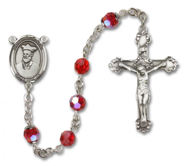 St. Philip Neri Sterling Silver Heirloom Rosary Fancy Crucifix - Ruby Red