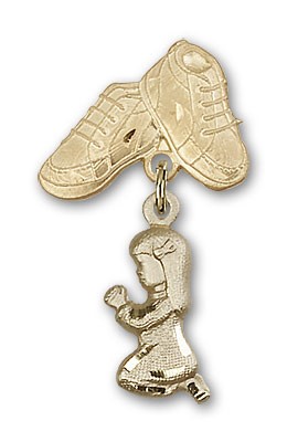 Baby Pin with Praying Girl Charm and Baby Boots Pin - 14K Solid Gold