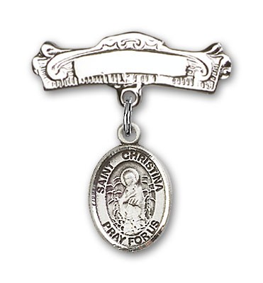 Pin Badge with St. Christina the Astonishing Charm and Arched Polished Engravable Badge Pin - Silver tone