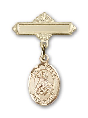Pin Badge with St. William of Rochester Charm and Polished Engravable Badge Pin - 14K Solid Gold