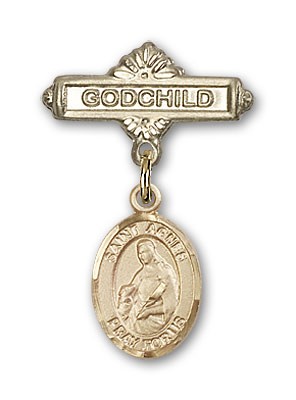 Pin Badge with St. Agnes of Rome Charm and Godchild Badge Pin - Gold Tone