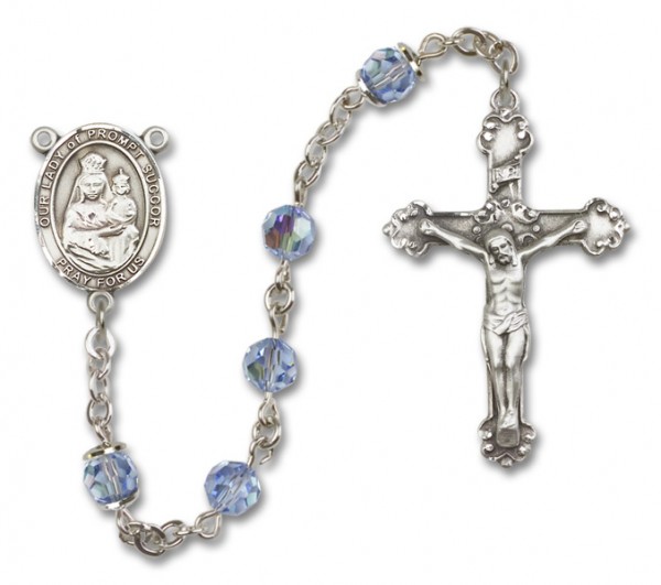 Our Lady of Prompt Succor Sterling Silver Heirloom Rosary Fancy Crucifix - Light Sapphire