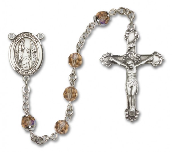 St. Genevieve Sterling Silver Heirloom Rosary Fancy Crucifix - Topaz
