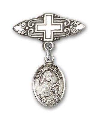 Pin Badge with St. Theresa Charm and Badge Pin with Cross - Silver tone