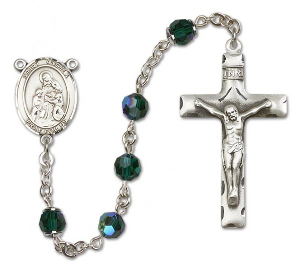St. Angela Merici Sterling Silver Heirloom Rosary Squared Crucifix - Emerald Green
