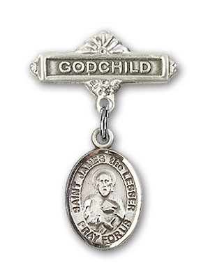 Pin Badge with St. James the Lesser Charm and Godchild Badge Pin - Silver tone