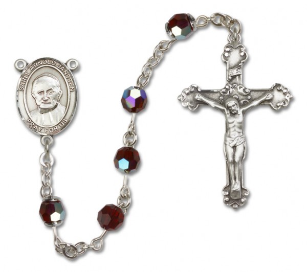 St. Arnold Janssen Sterling Silver Heirloom Rosary Fancy Crucifix - Garnet