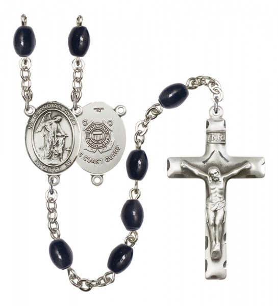 Men's Guardian Angel Coast Guard Silver Plated Rosary - Black Oval
