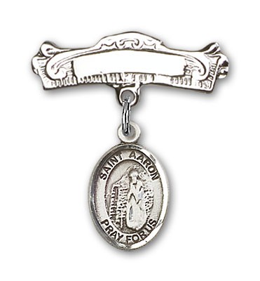 Pin Badge with St. Aaron Charm and Arched Polished Engravable Badge Pin - Silver tone