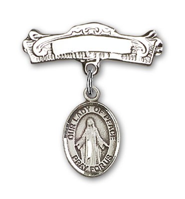 Pin Badge with Our Lady of Peace Charm and Arched Polished Engravable Badge Pin - Silver tone