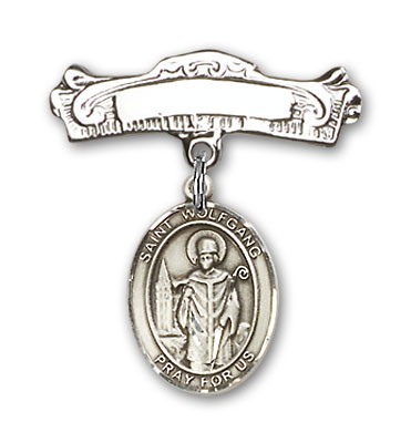 Pin Badge with St. Wolfgang Charm and Arched Polished Engravable Badge Pin - Silver tone