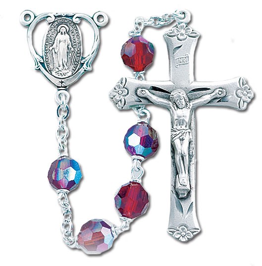 7mm Czech Tin Cut Ruby Crystal Bead Rosary in Sterling Silver - Red