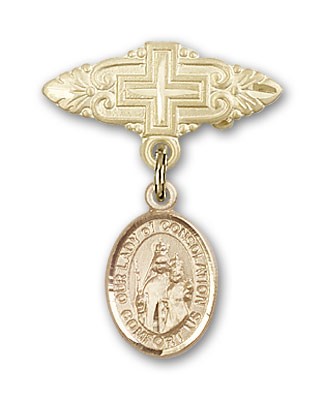 Pin Badge with Our Lady of Consolation Charm and Badge Pin with Cross - Gold Tone