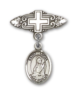 Pin Badge with St. Lucia of Syracuse Charm and Badge Pin with Cross - Silver tone