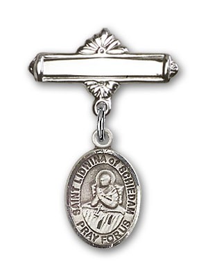 Pin Badge with St. Lidwina of Schiedam Charm and Polished Engravable Badge Pin - Silver tone
