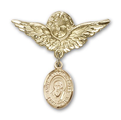 Pin Badge with St. Francis de Sales Charm and Angel with Larger Wings Badge Pin - 14K Solid Gold