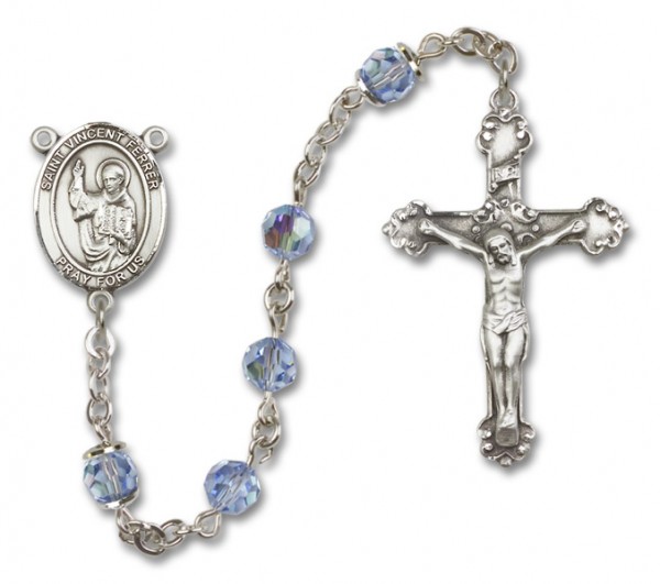 St. Vincent Ferrer Sterling Silver Heirloom Rosary Fancy Crucifix - Light Sapphire