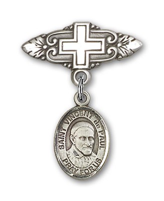 Pin Badge with St. Vincent de Paul Charm and Badge Pin with Cross - Silver tone