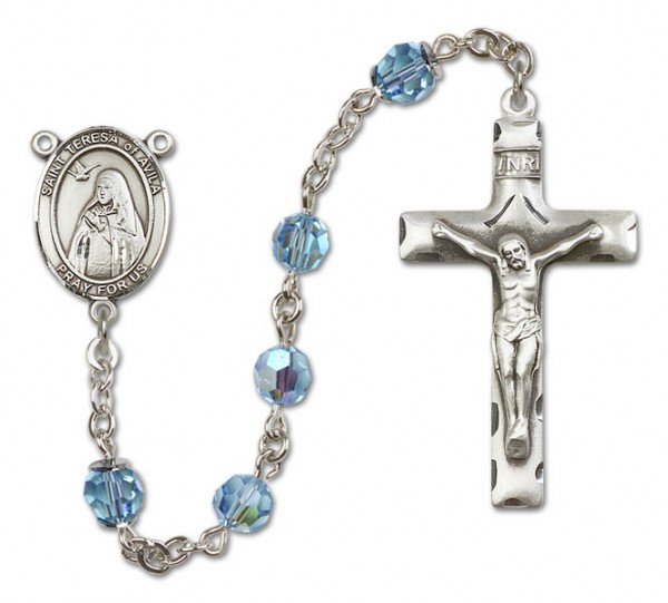 St. Teresa of Avila Sterling Silver Heirloom Rosary Squared Crucifix - Aqua