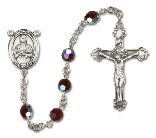 St. Kateri Sterling Silver Heirloom Rosary Fancy Crucifix - Garnet