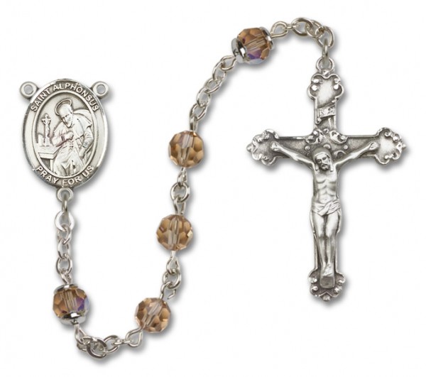 St. Alphonsus Sterling Silver Heirloom Rosary Fancy Crucifix - Topaz