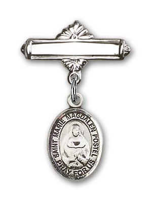 Pin Badge with Marie Magdalen Postel Charm and Polished Engravable Badge Pin - Silver tone