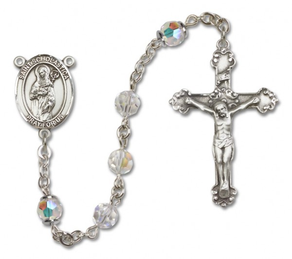 St. Scholastica Sterling Silver Heirloom Rosary Fancy Crucifix - Crystal