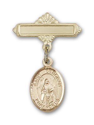 Pin Badge with St. Deborah Charm and Polished Engravable Badge Pin - Gold Tone