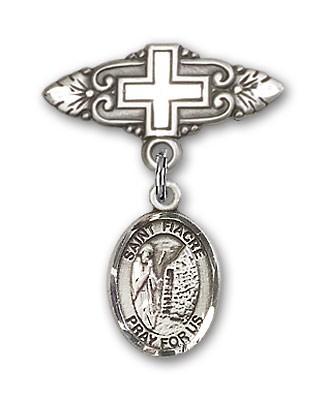 Pin Badge with St. Fiacre Charm and Badge Pin with Cross - Silver tone