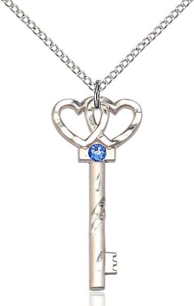 Small Key with Double Heart Pendant and Birthstone - Sapphire