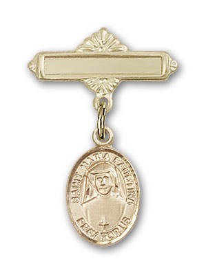 Pin Badge with St. Maria Faustina Charm and Polished Engravable Badge Pin - Gold Tone