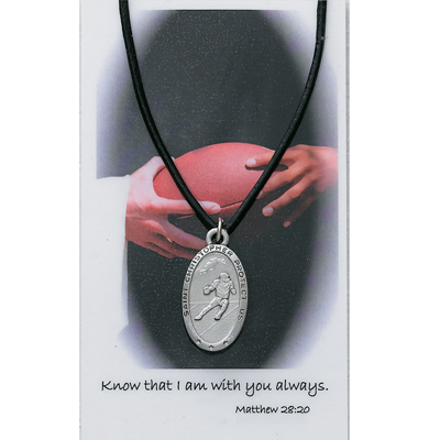 Boy's St. Christopher Football Medal with Leather Chain and Prayer Card - Silver tone