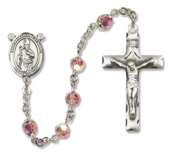 St. Augustine of Hippo Sterling Silver Heirloom Rosary Squared Crucifix - Light Rose