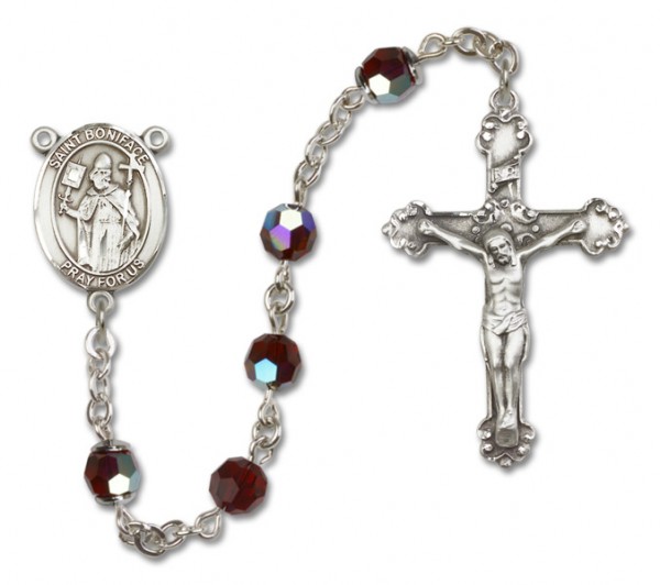 St. Boniface Sterling Silver Heirloom Rosary Fancy Crucifix - Garnet