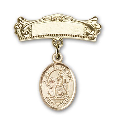 Pin Badge with St. Catherine of Siena Charm and Arched Polished Engravable Badge Pin - 14K Solid Gold